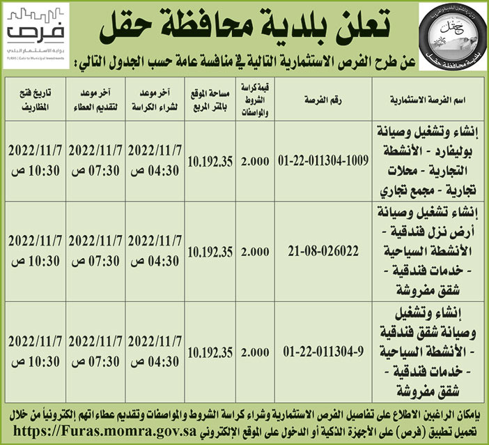 بلدية محافظة حقل تطرح فرص استثمارية في منافسة عامة 