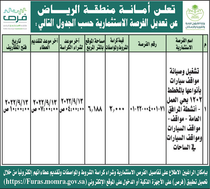 أمانة منطقة الرياض تعدل الفرص الاستثمارية لشتغيل وصيانة مواقف سيارات بأنواعها بالمخطط 1202 بحي العمل وأنشطة المرافق العامة (مواقف - مواقف السيارات - ومواقف السيارات في الساحات) 