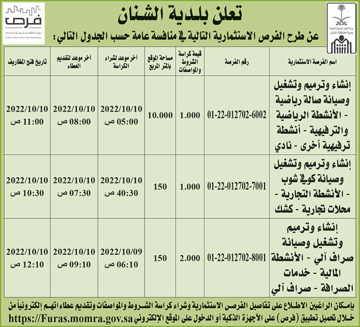 بلدية الشنان تطرح فرص استثمارية في منافسة عامة 