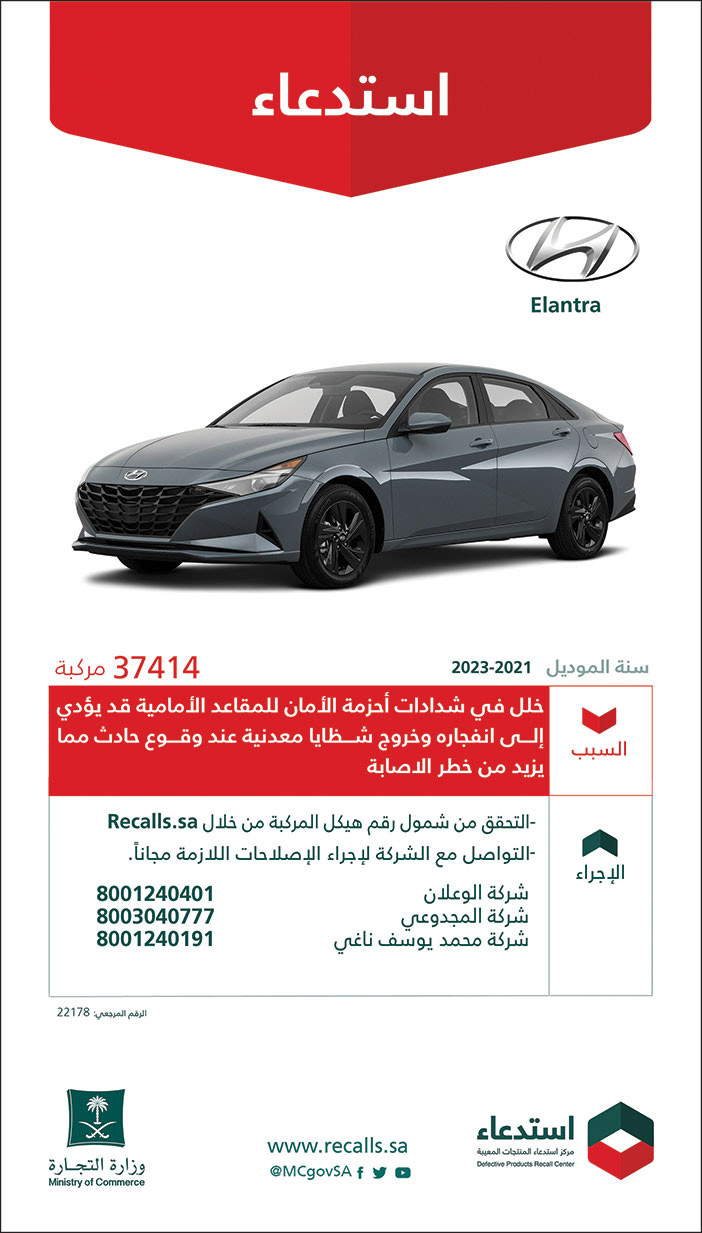 وزارة التجارة تستدعي هيونداي (Elantra) من موديل 2021 إلى 2023 لعدد (37414)  مركبة 