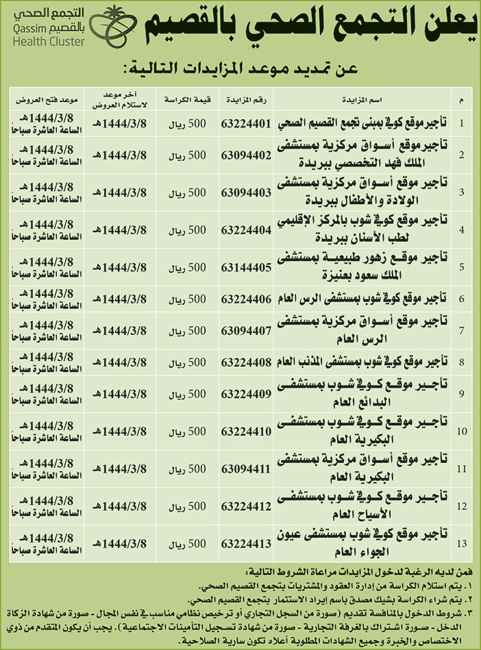 التجمع الصحي بالقصيم يمدد موعد المزايدات 