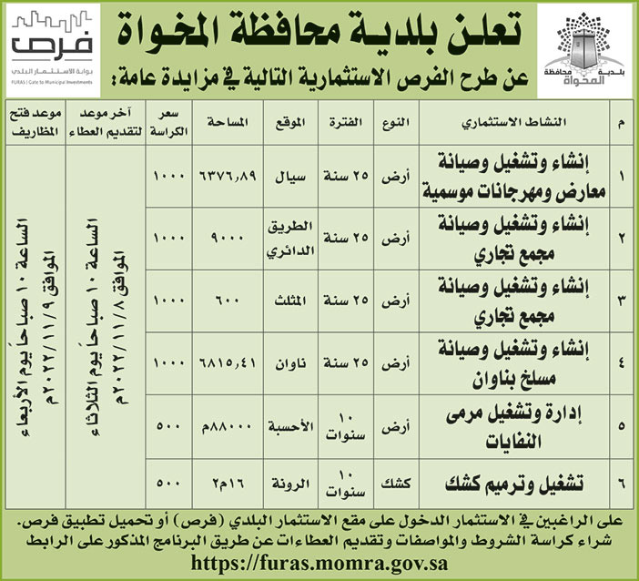 إعلان من بلدية محافظة المخواة 