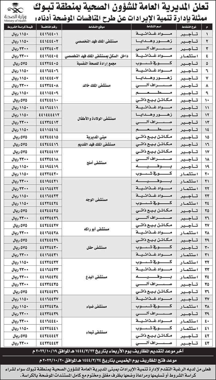 المديرية العامة للشؤون الصحية بمنطقة تبوك تطرح منافسات 