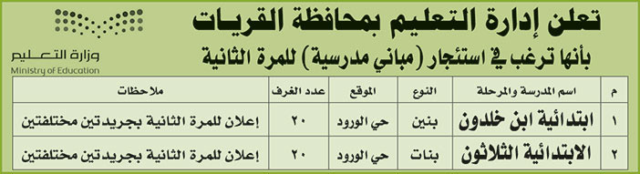 إعلان من إدارة التعليم بمحافظة القريات 