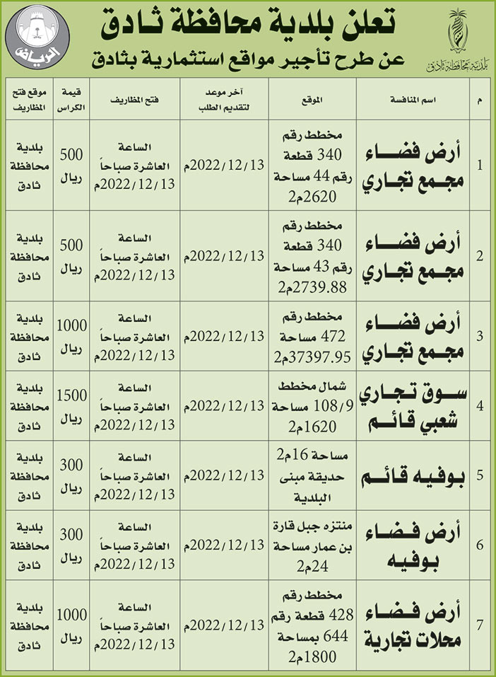 إعلان بلدية محافظة ثادق 