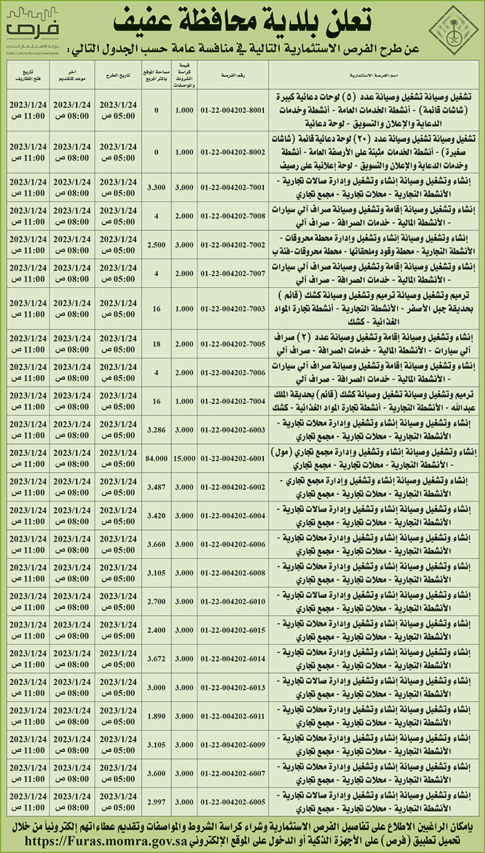 إعلان بلدية محافظة عفيف 