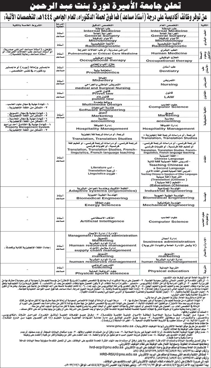 إعلان وظائف من جامعة الأميرة نورة بنت عبدالرحمن 