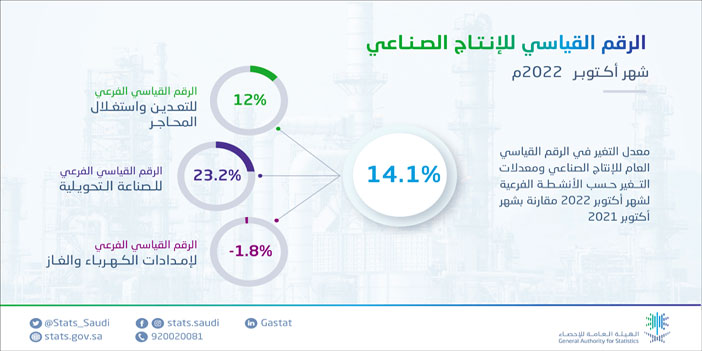 «الإحصاء»: ارتفاع مؤشر الرقم القياسي للإنتاج الصناعي لشهر أكتوبر 