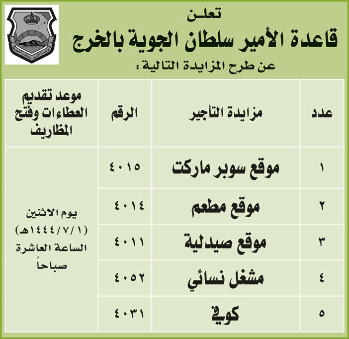 إعلان من قاعدة الأمير سلطان الجوية بالخرج 