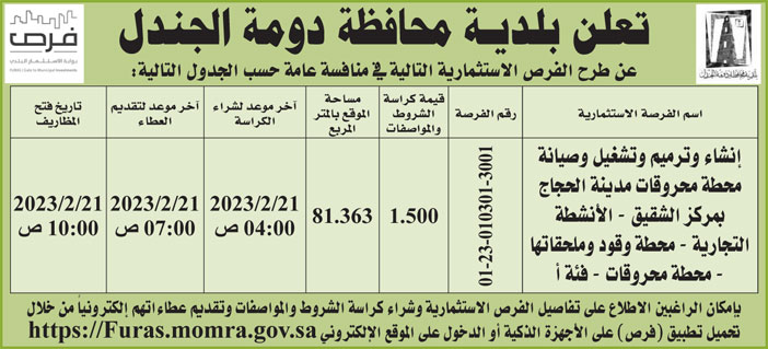 بلدية محافظة دومة الجندل تطرح فرص استثمارية في منافسة عامة 