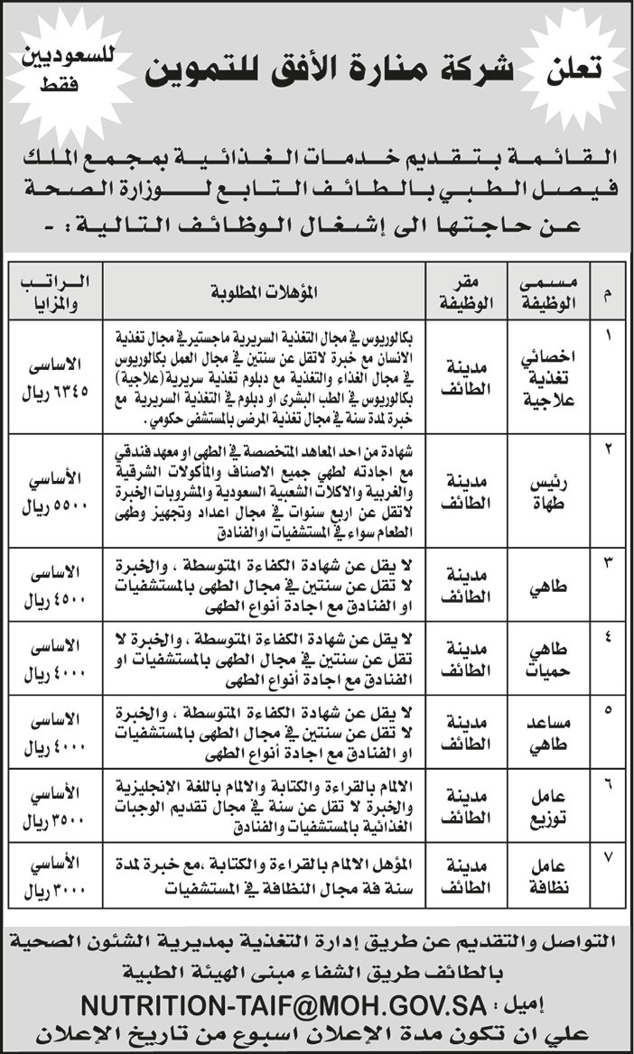 إعلان وظائف من شركة منارة الأفق للتموين 