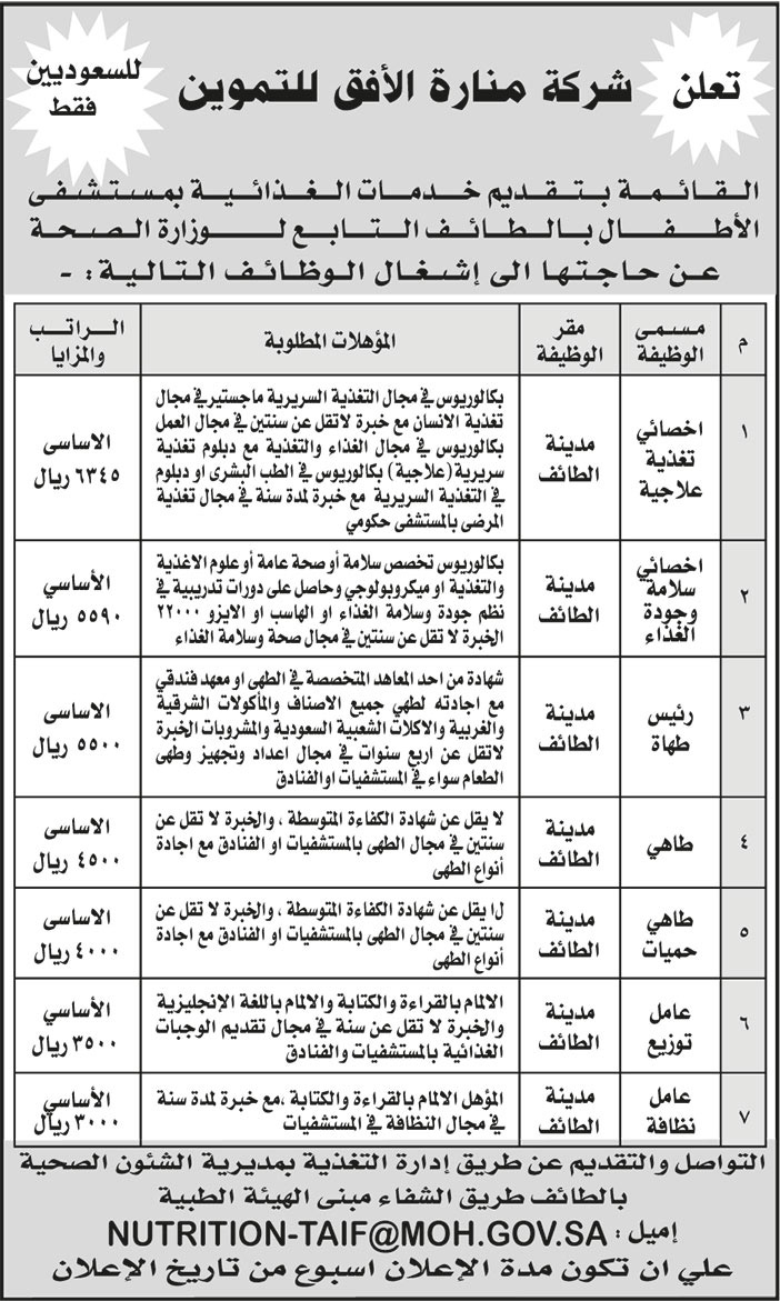 إعلان وظائف من شركة منارة الأفق للتموين 