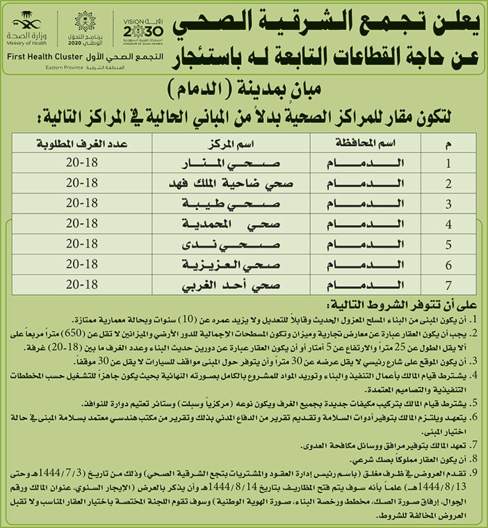 إعلان تجمع الشرقية الصحي - استئجار 