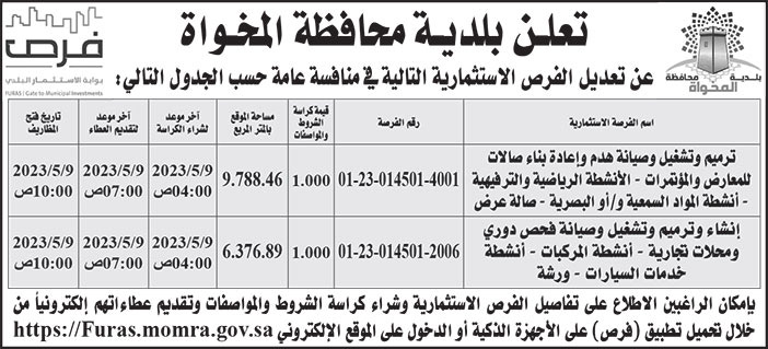 إعلان بلدية محافظة المخواة 