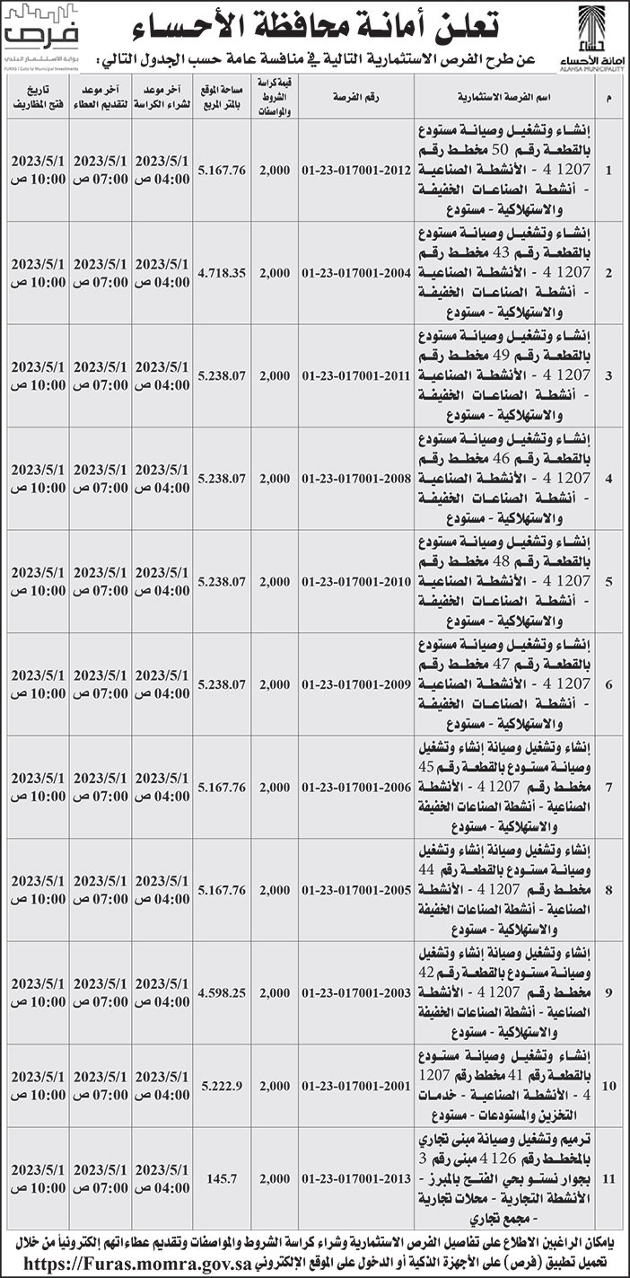 إعلان أمانة محافظة الأحساء 