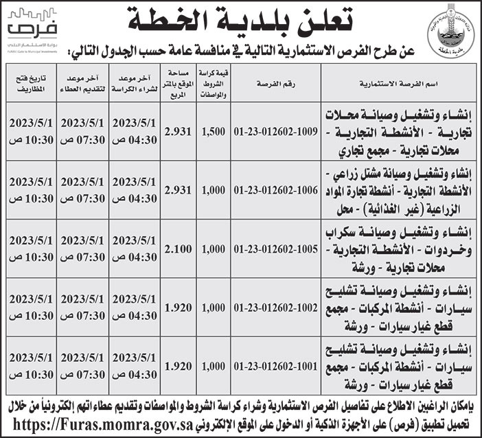 إعلان بلدية الخطة 