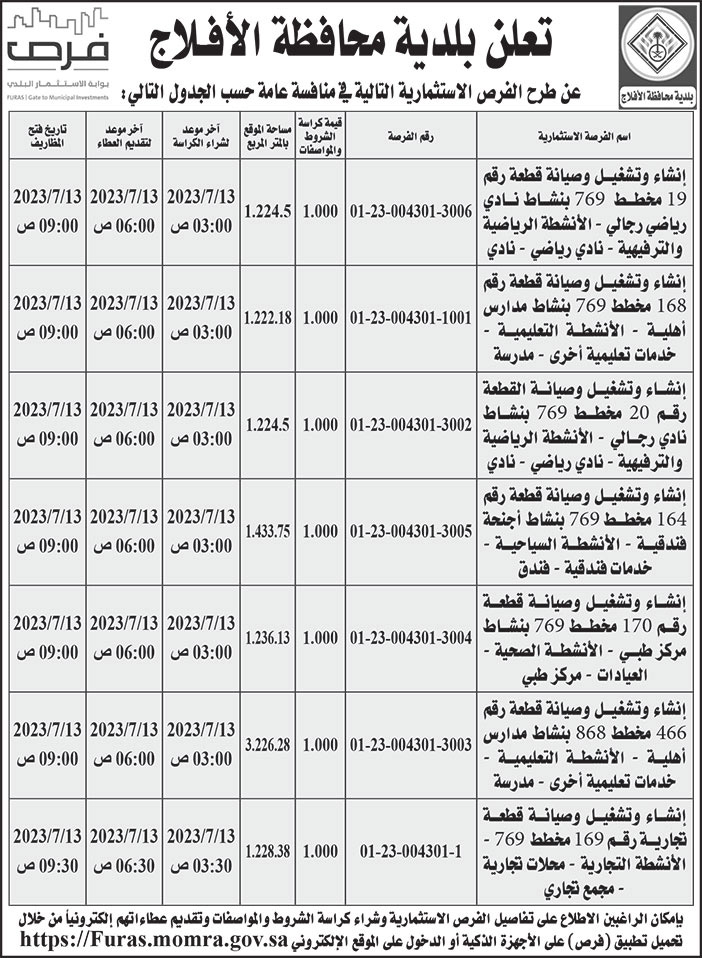 إعلان بلدية محافظة الأفلاج 