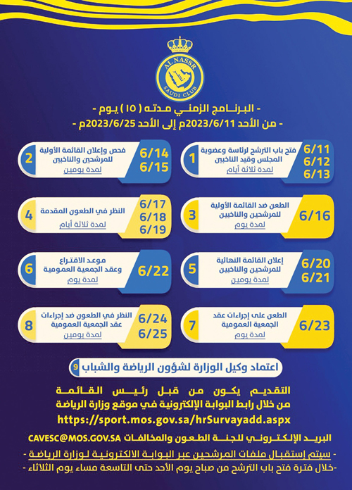 النصر يعلن البرنامج الزمني لرئاسة وعضوية مجلس الإدارة الجديد 