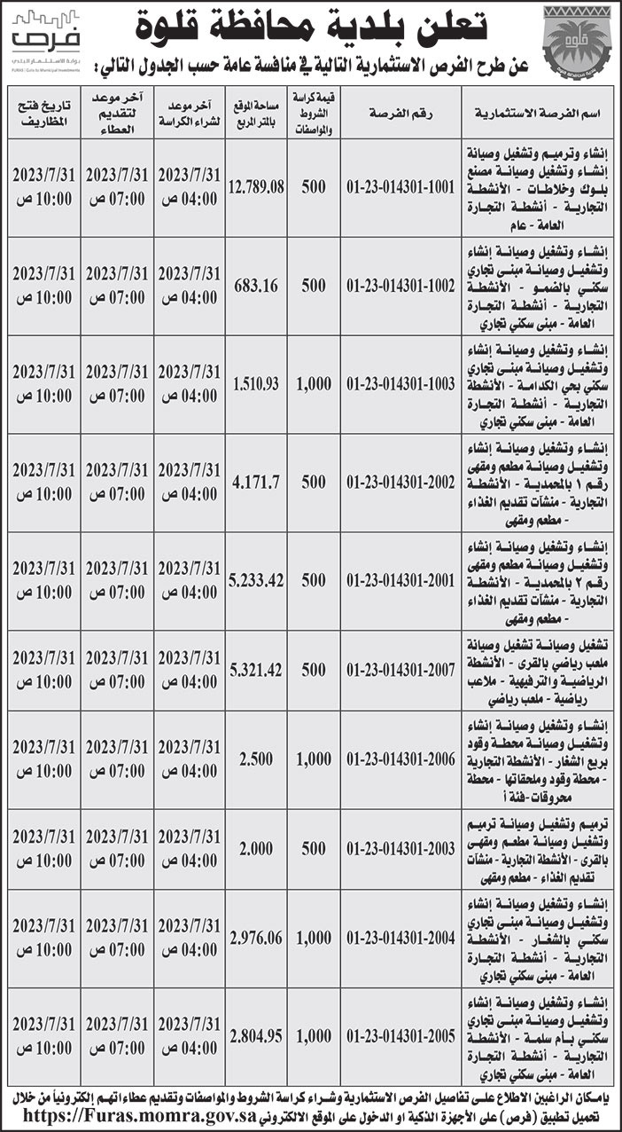 إعلان بلدية محافظة قلوة 