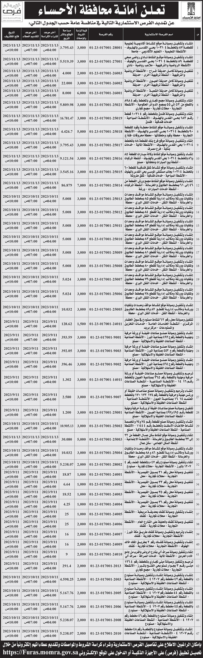 إعلان أمانة محافظة الأحساء 