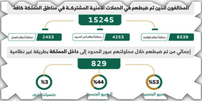 الحملات الميدانية المشتركة: ضبط (15245) مخالفاً لأنظمة الإقامة والعمل وأمن الحدود 