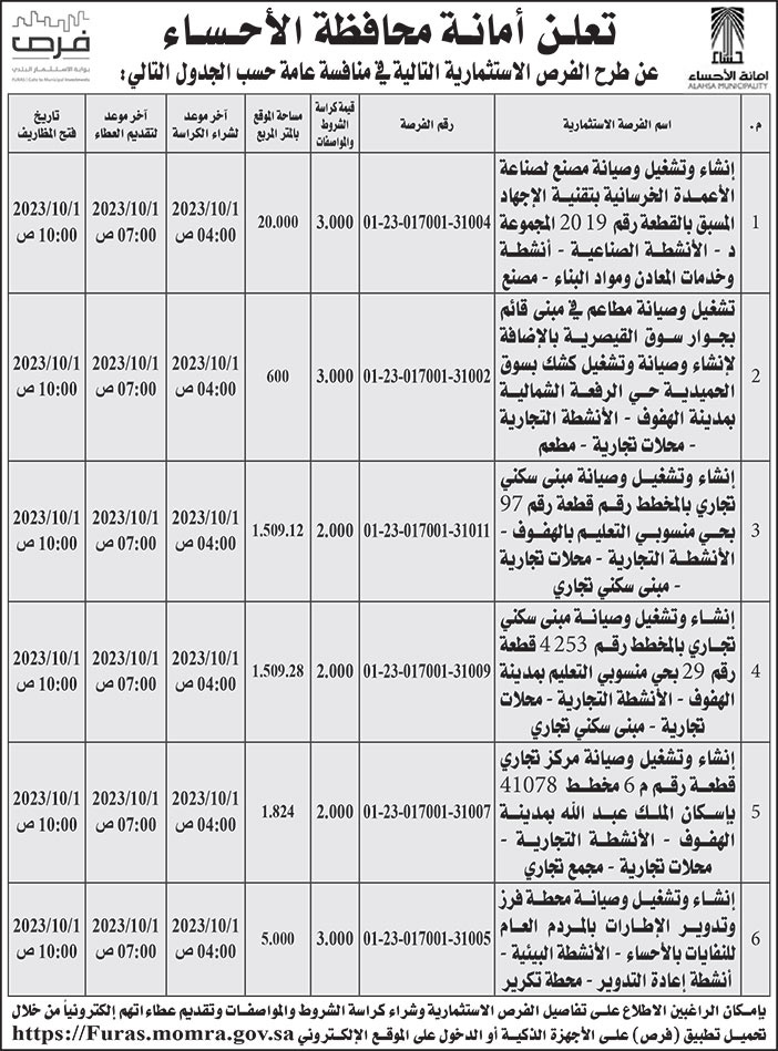 إعلان أمانة محافظة الأحساء 