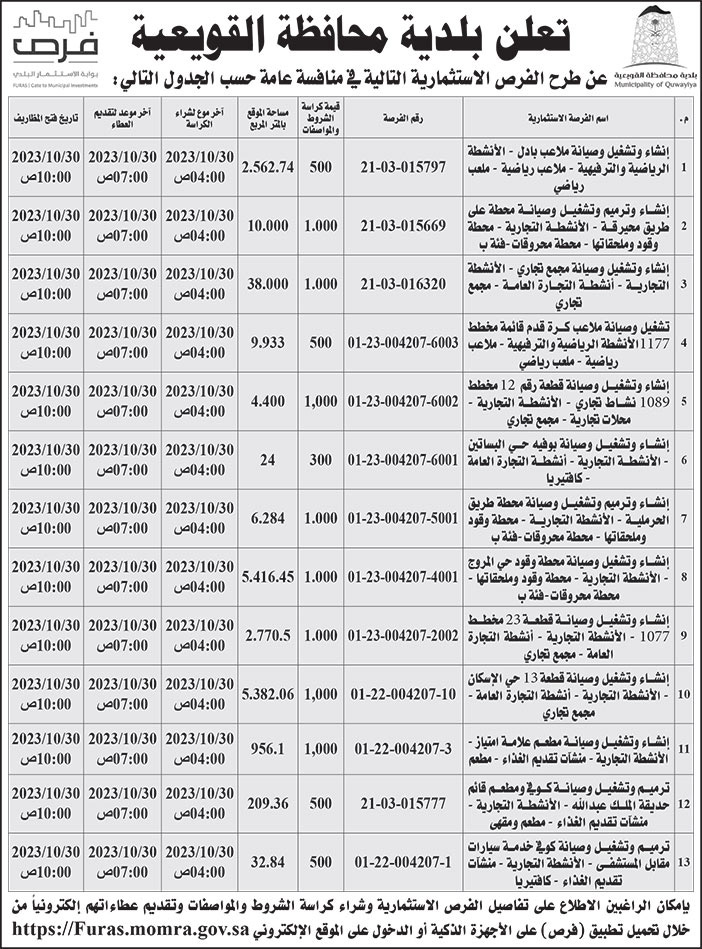 إعلان بلدية محافظة القويعية 