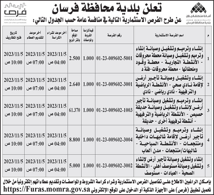 إعلان بلدية محافظة فرسان 