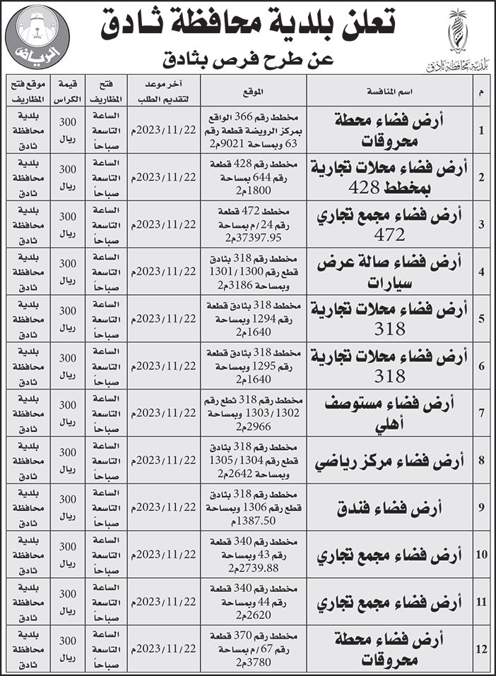 إعلان بلدية محافظة ثادق 