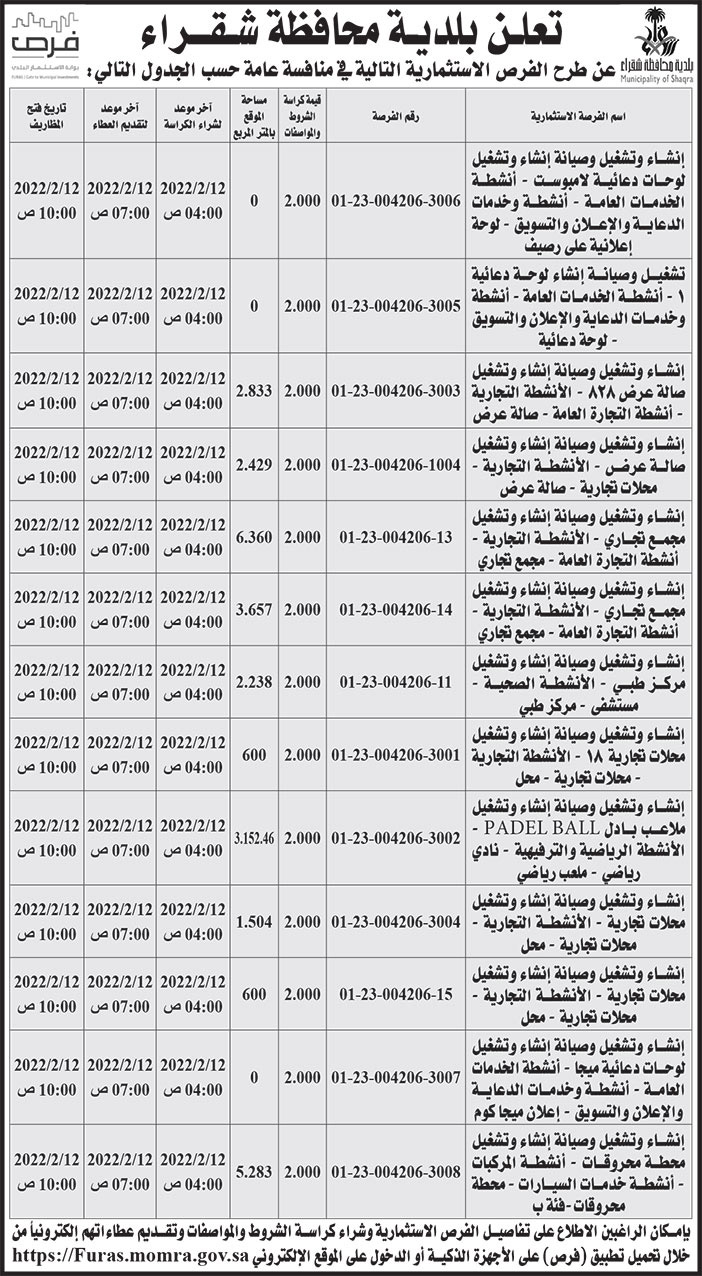 إعلان بلدية محافظة شقراء 