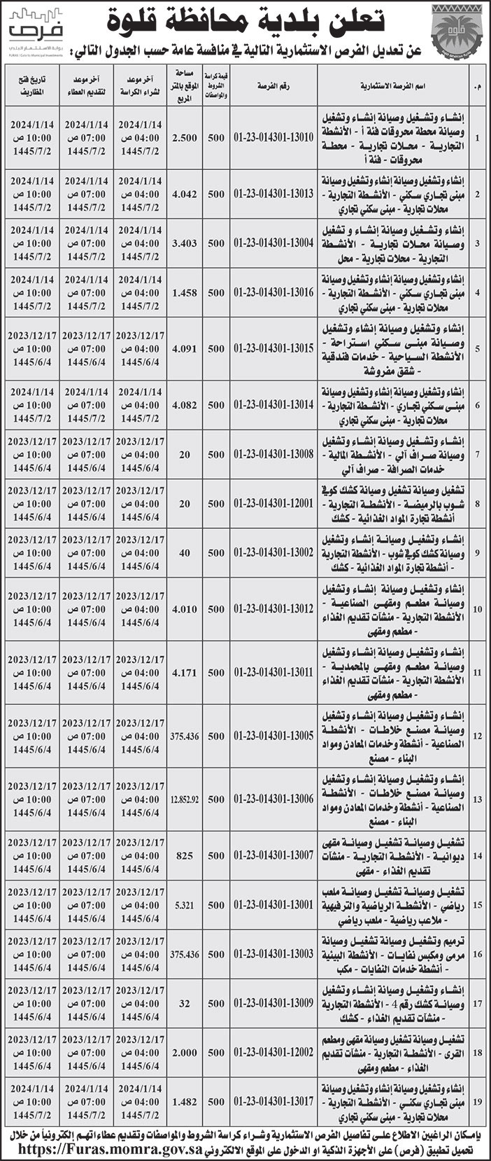 إعلان بلدية محافظة قلوة 