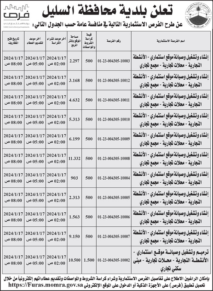 إعلان بلدية محافظة السليل 