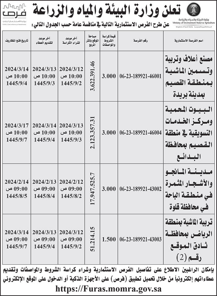 إعلان وزارة البيئة والمياه والزراعة 