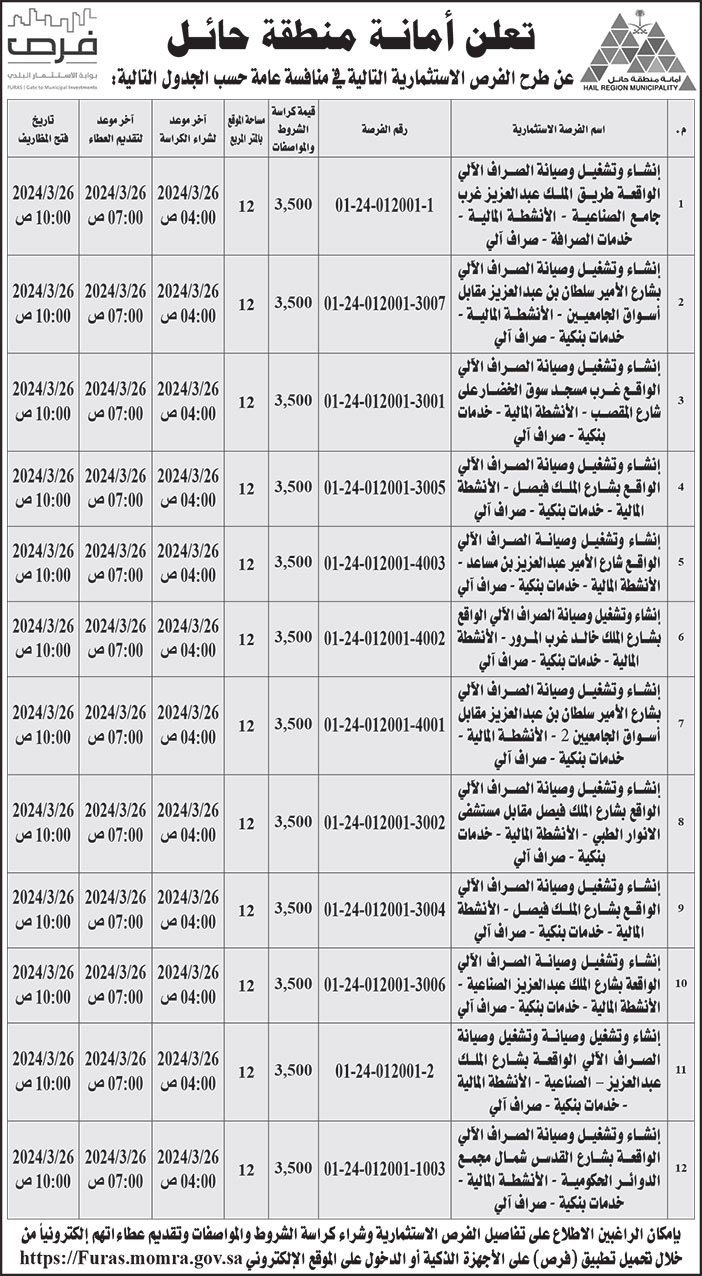 إعلان أمانة منطقة حائل 