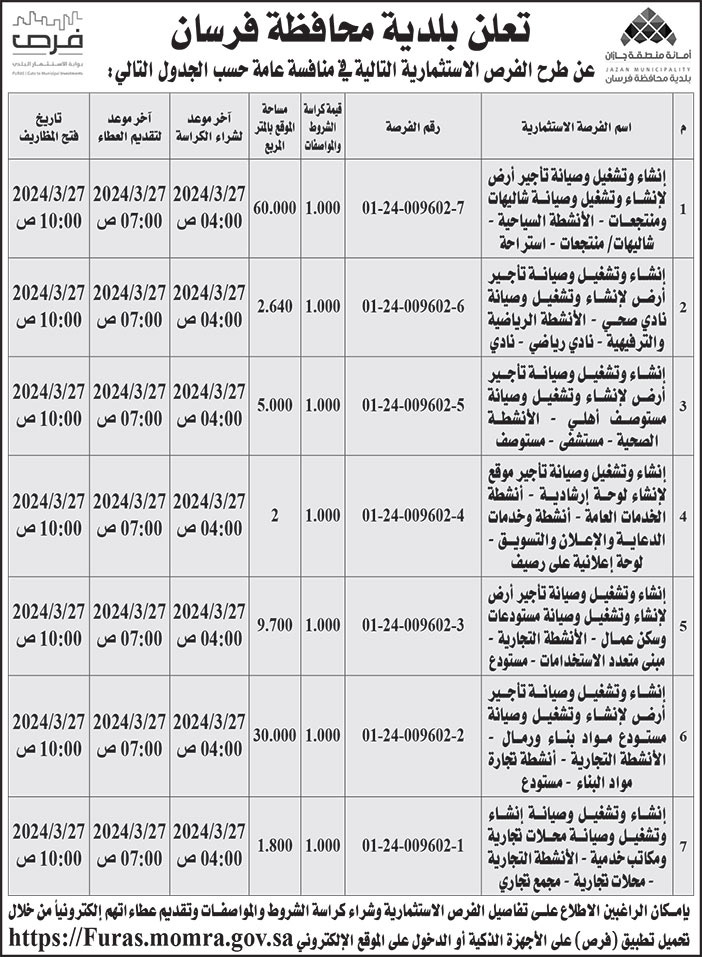 إعلان بلدية محافظة فرسان 