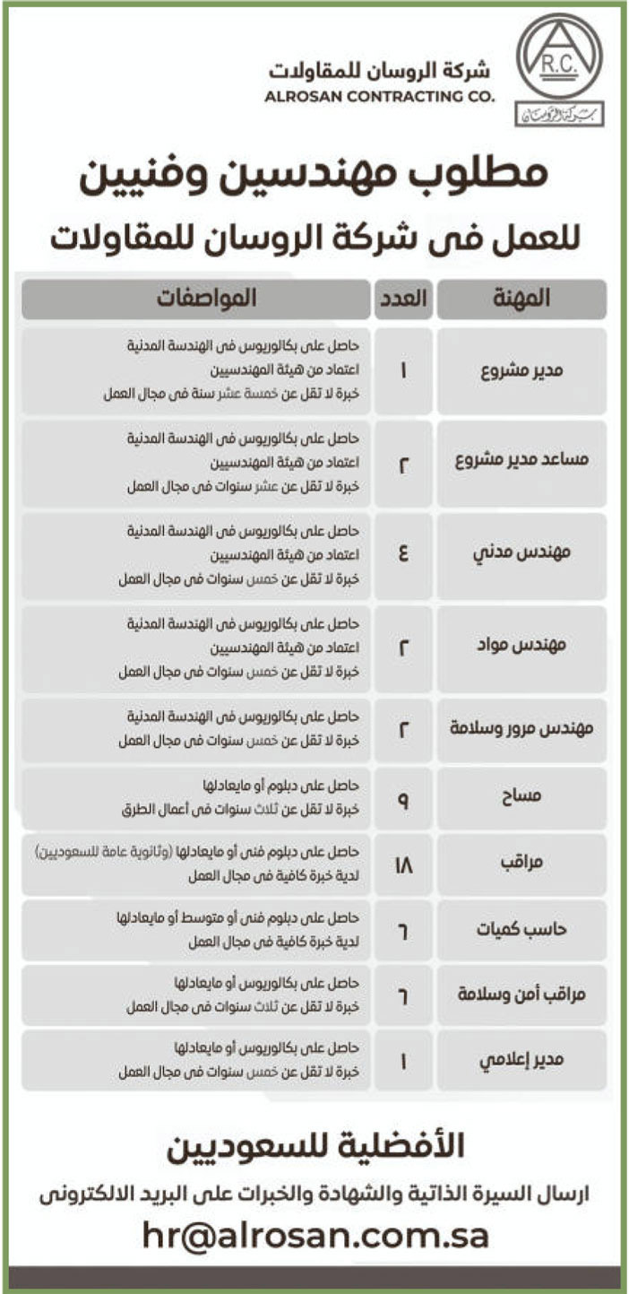 إعلان شركة الروسان للمقاولات 