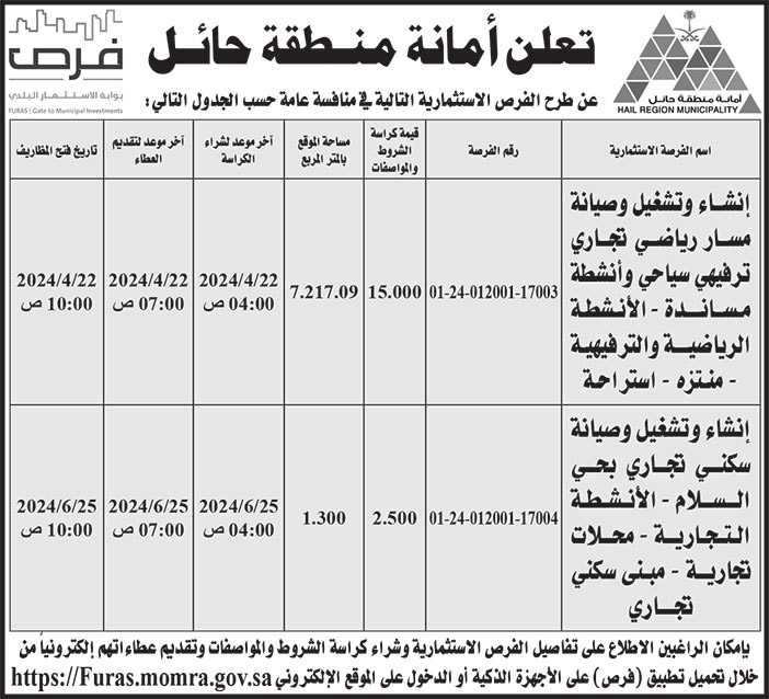 إعلان أمانة منطقة حائل 