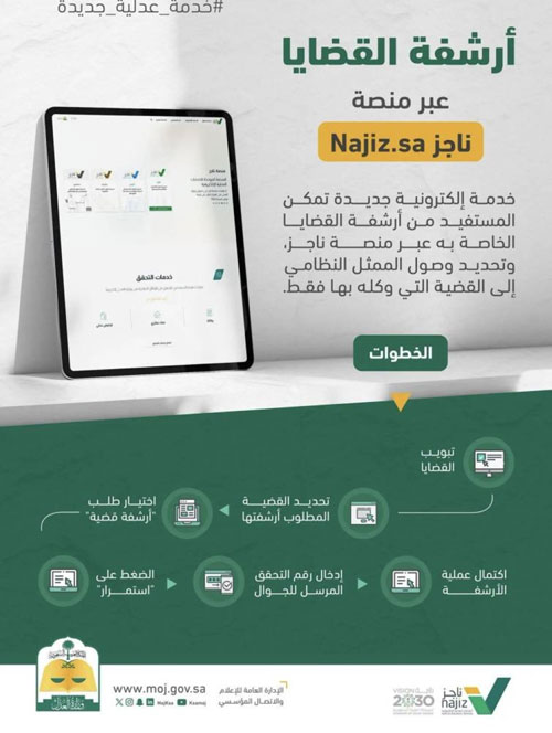 «العدل» تطلق خدمة «أرشفة القضايا» عبر منصة ناجز 