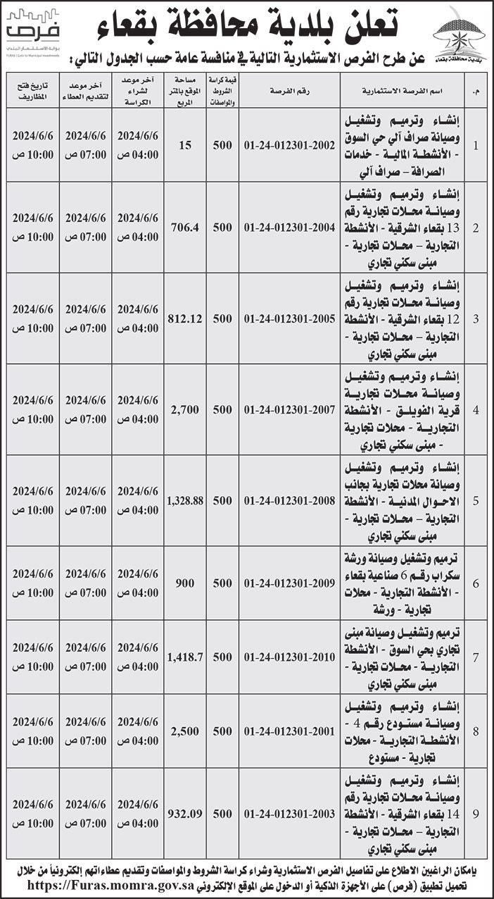 إعلان بلدية محافظة بقعاء 