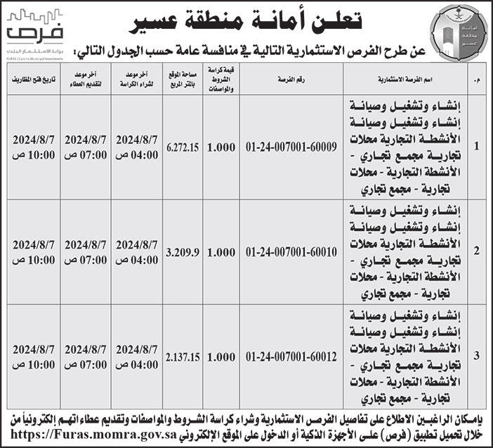 إعلان أمانة منطقة عسير 