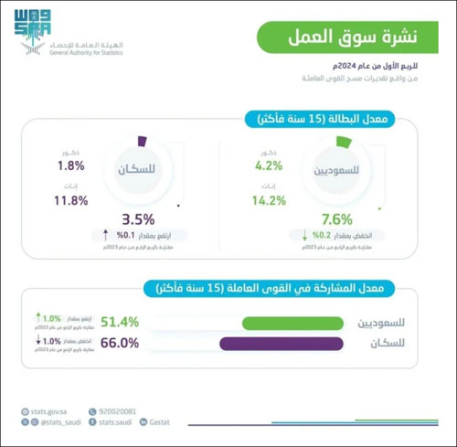 معدل البطالة في المملكة يستقر عند 3.5 % في الربع الأول لعام 2024 