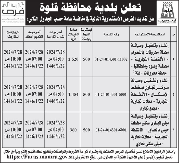 إعلان بلدية محافظة قلوة 