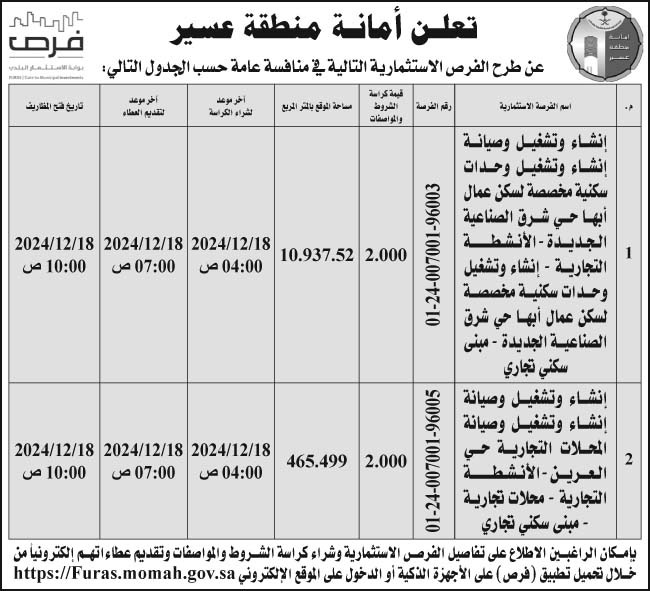 إعلان أمانة منطقة عسير 