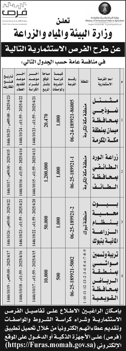 إعلان وزارة البيئة والمياه والزراعة 