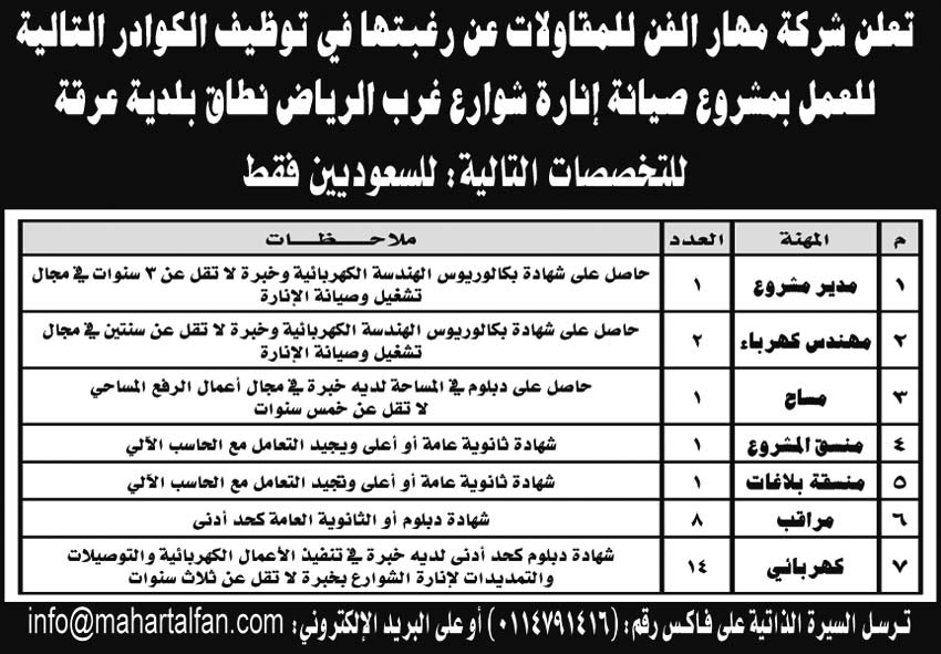 إعلان شركة مهار الفن للمقاولات 