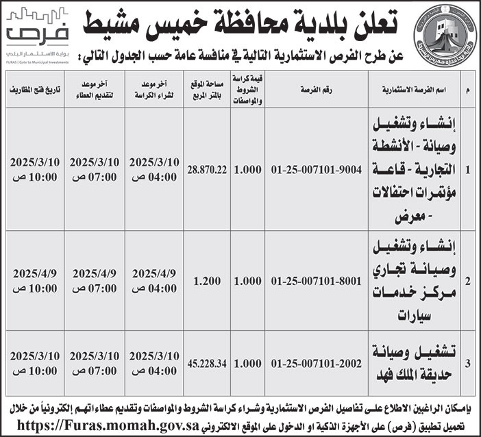 إعلان بلدية محافظة خميس مشيط 