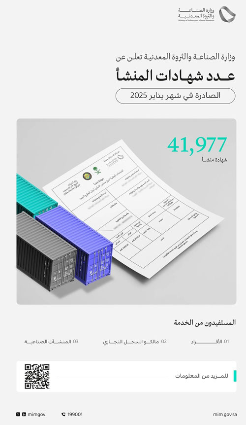 وزارة الصناعة تصدر أكثر من 41 ألف «شهادة منشأ» في يناير 