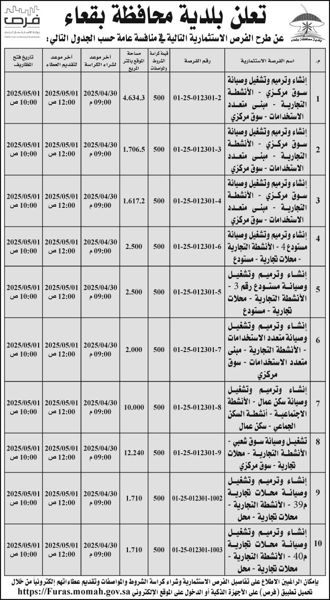 إعلان بلدية محافظة بقعاء 