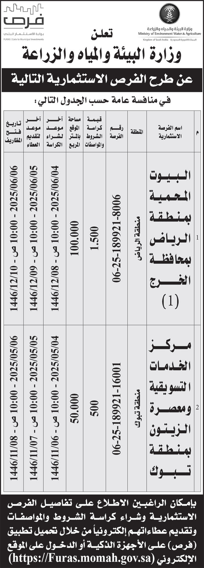 إعلان وزارة البيئة والمياه والزراعة 